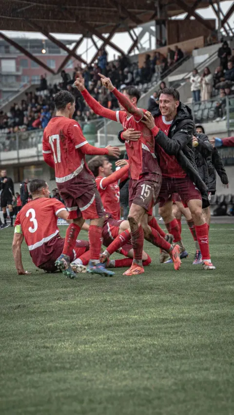 Joueurs célébrant un but en groupe devant le public