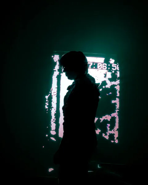 Silhouette d'Orelsan à contre-jour devant un écran vert affichant un compte à rebours